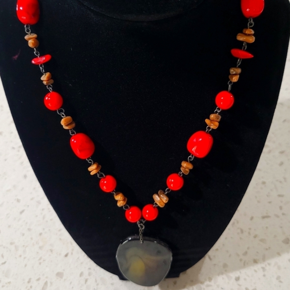 Handcrafted Red and Brown Beaded Necklace – Unique & Earthy Style